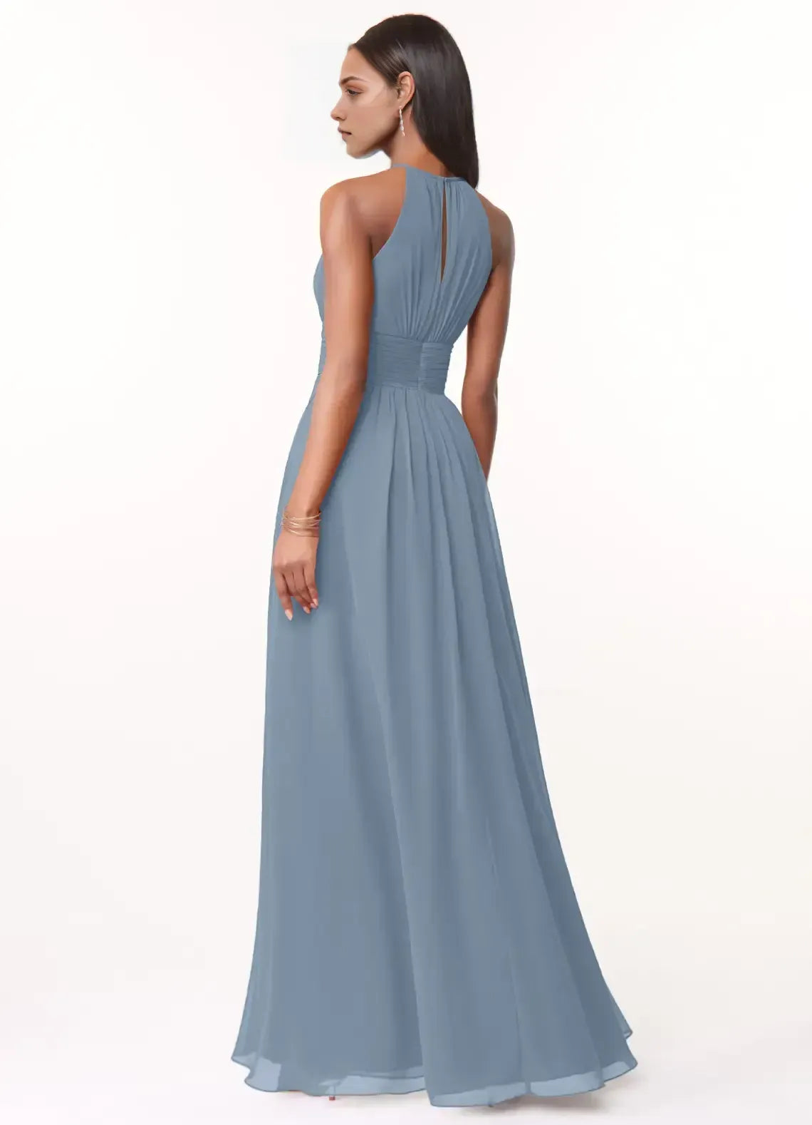 Elegant Dusty Blue A-Line Halter-Neck Sleeveless Keyhole-Back Maxi Bridesmaid Dress