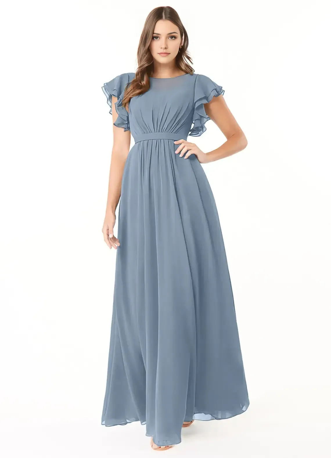 Elegant Dusty Blue A-Line Round-Neck Ruffle-Sleeve Open-Back Maxi Bridesmaid Dress