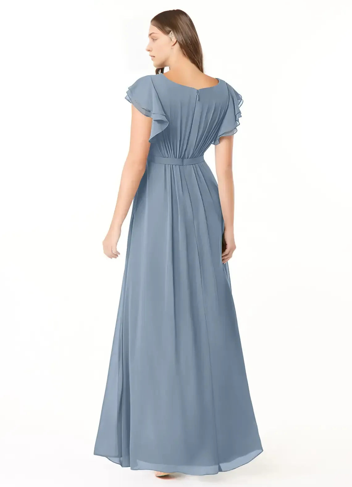 Elegant Dusty Blue A-Line Round-Neck Ruffle-Sleeve Open-Back Maxi Bridesmaid Dress