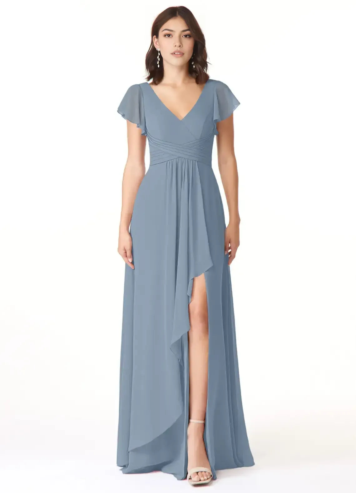 Elegant Dusty-Blue A-Line V-Neck Flutter-Sleeve Low-Back Floor-Length Wedding Bridesmaid Dress