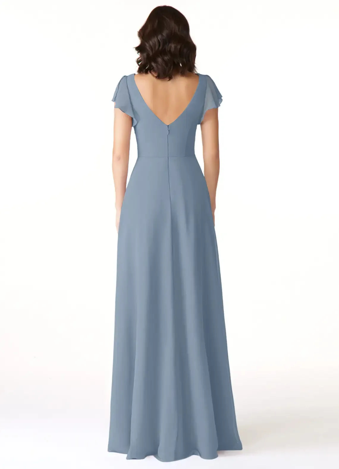 Elegant Dusty-Blue A-Line V-Neck Flutter-Sleeve Low-Back Floor-Length Wedding Bridesmaid Dress