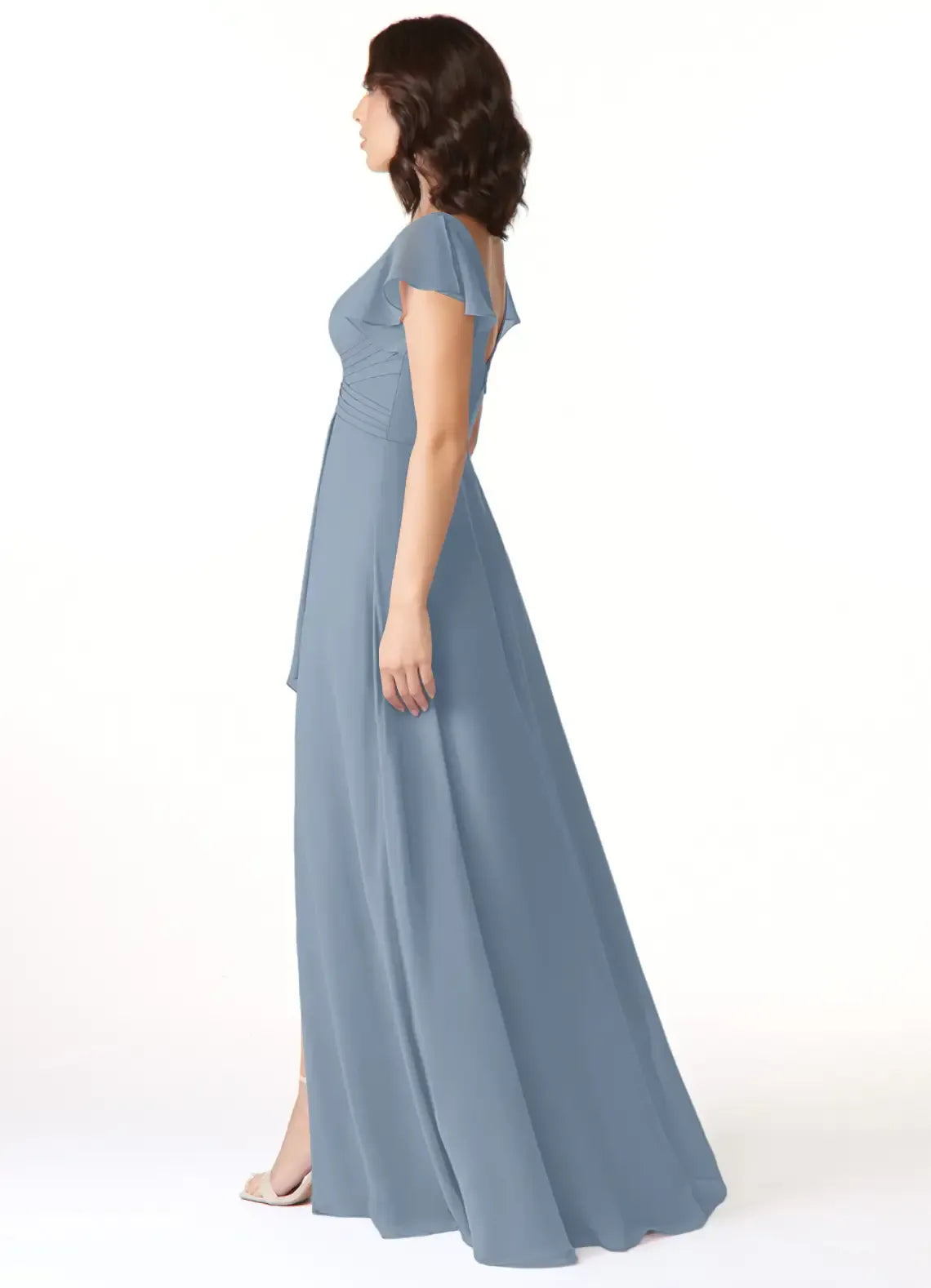 Elegant Dusty-Blue A-Line V-Neck Flutter-Sleeve Low-Back Floor-Length Wedding Bridesmaid Dress