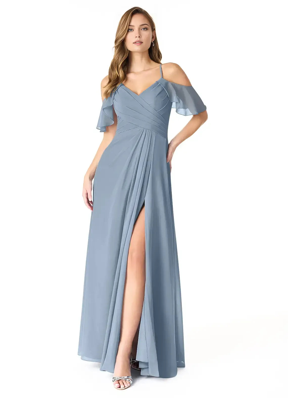 Elegant Dusty Blue A-Line V-Neck Off-The-Shoulder Keyhole-Back Slit Maxi Bridesmaid Dress