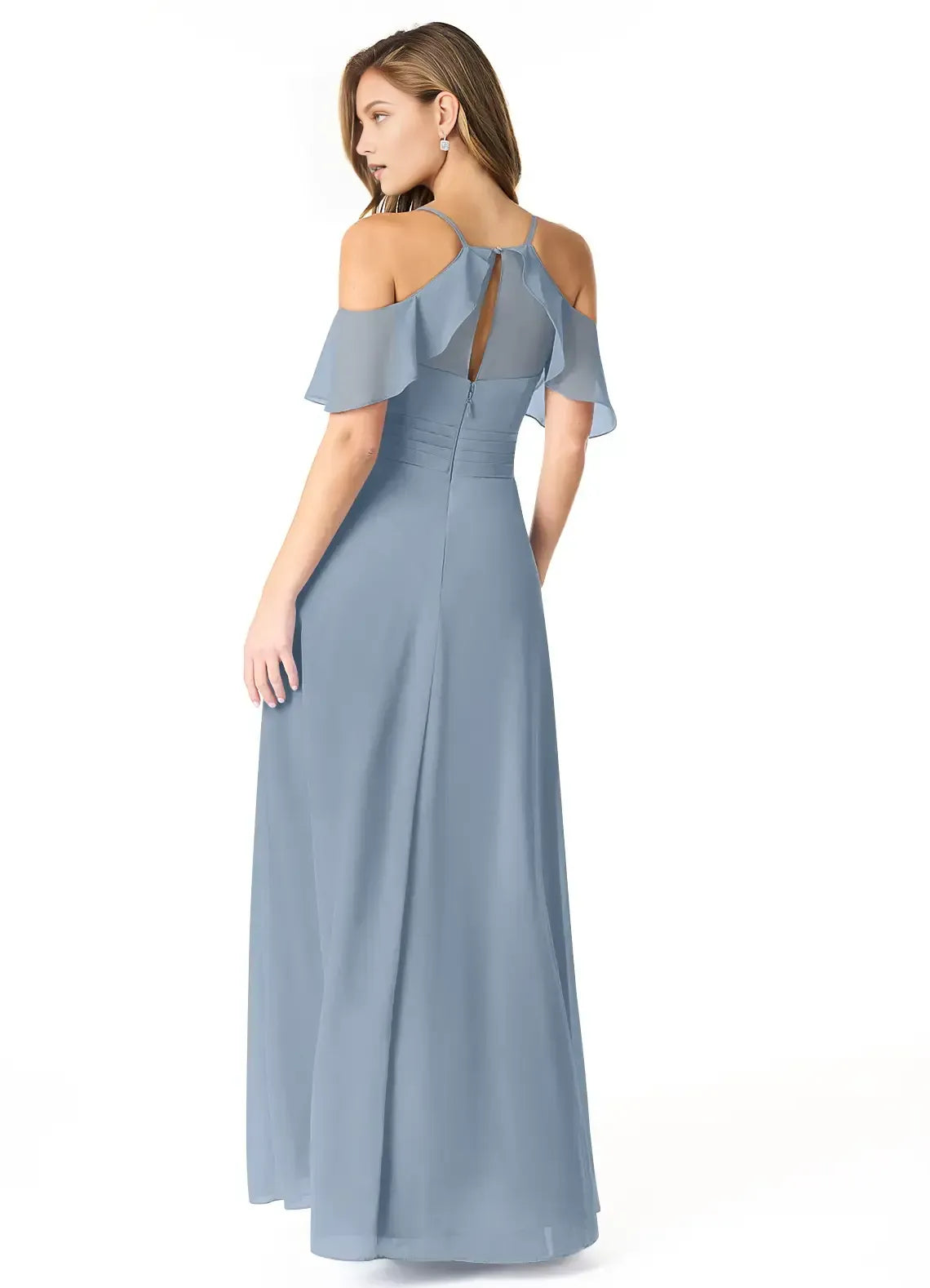 Elegant Dusty Blue A-Line V-Neck Off-The-Shoulder Keyhole-Back Slit Maxi Bridesmaid Dress