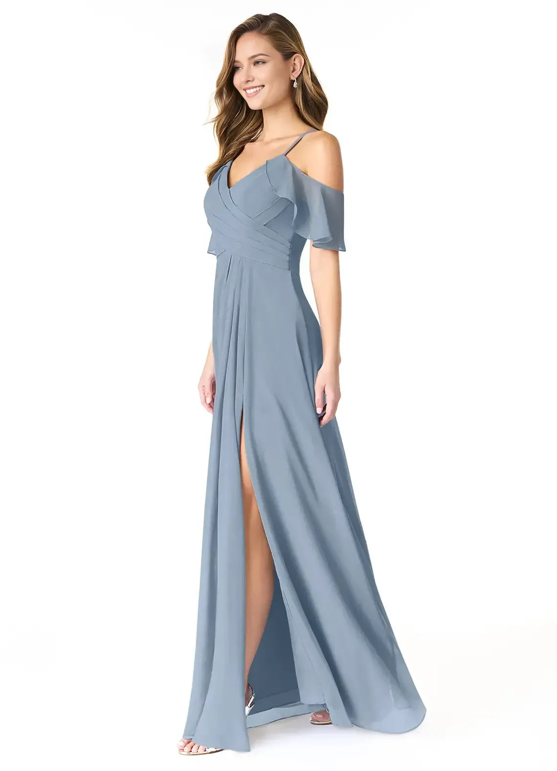 Elegant Dusty Blue A-Line V-Neck Off-The-Shoulder Keyhole-Back Slit Maxi Bridesmaid Dress