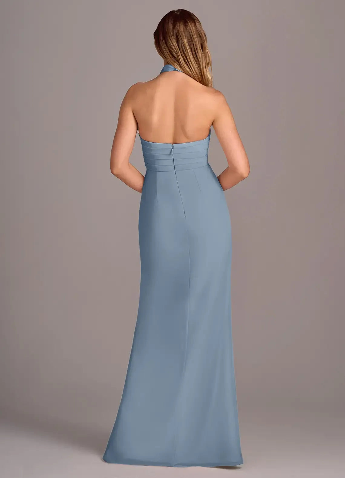 Elegant Dusty Blue Mermaid Halter-Neck Open-Back Slit Maxi Bridesmaid Dress