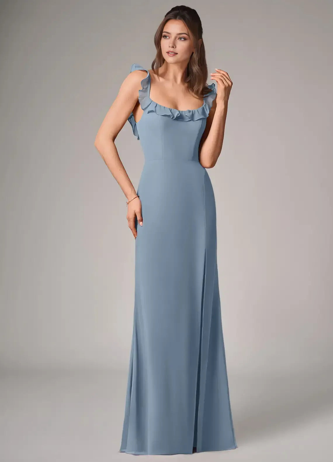 Elegant Dusty Blue Mermaid Square Neck Ruffle-Strap Low-Back Slit Maxi Bridesmaid Dress