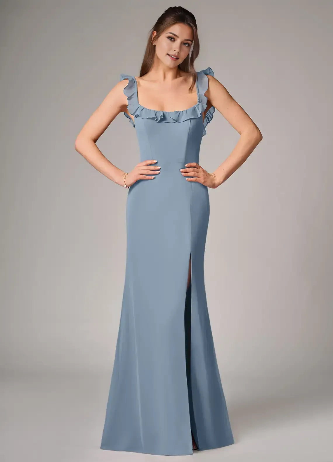 Elegant Dusty Blue Mermaid Square Neck Ruffle-Strap Low-Back Slit Maxi Bridesmaid Dress