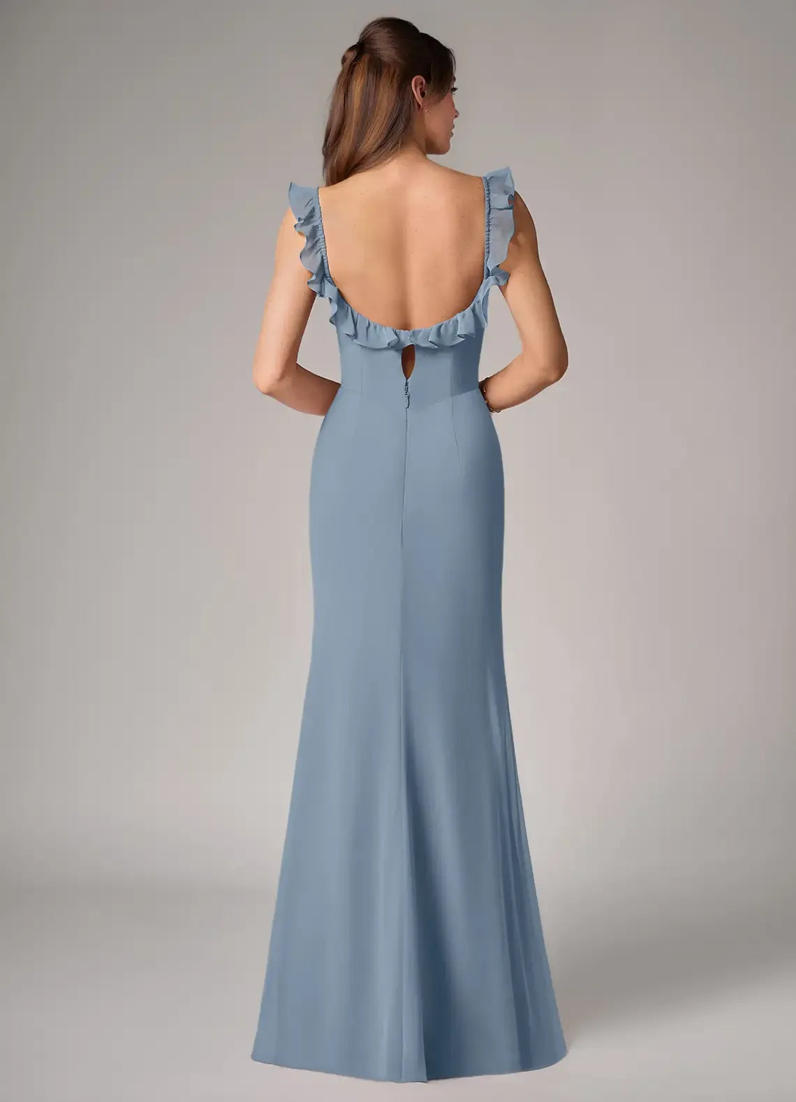 Elegant Dusty Blue Mermaid Square Neck Ruffle-Strap Low-Back Slit Maxi Bridesmaid Dress