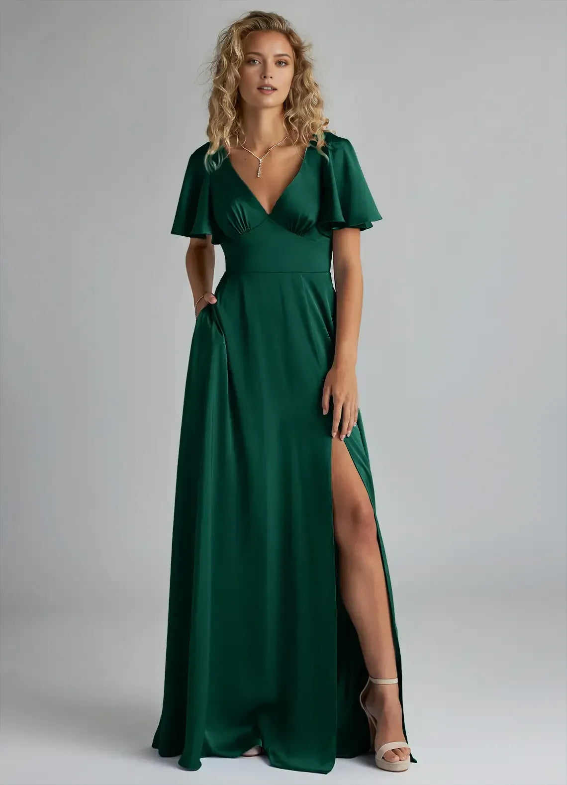 Elegant Emerald Green A-Line V-Neck Flutter-Sleeve Tie-Back Slit Maxi Bridesmaid Dress