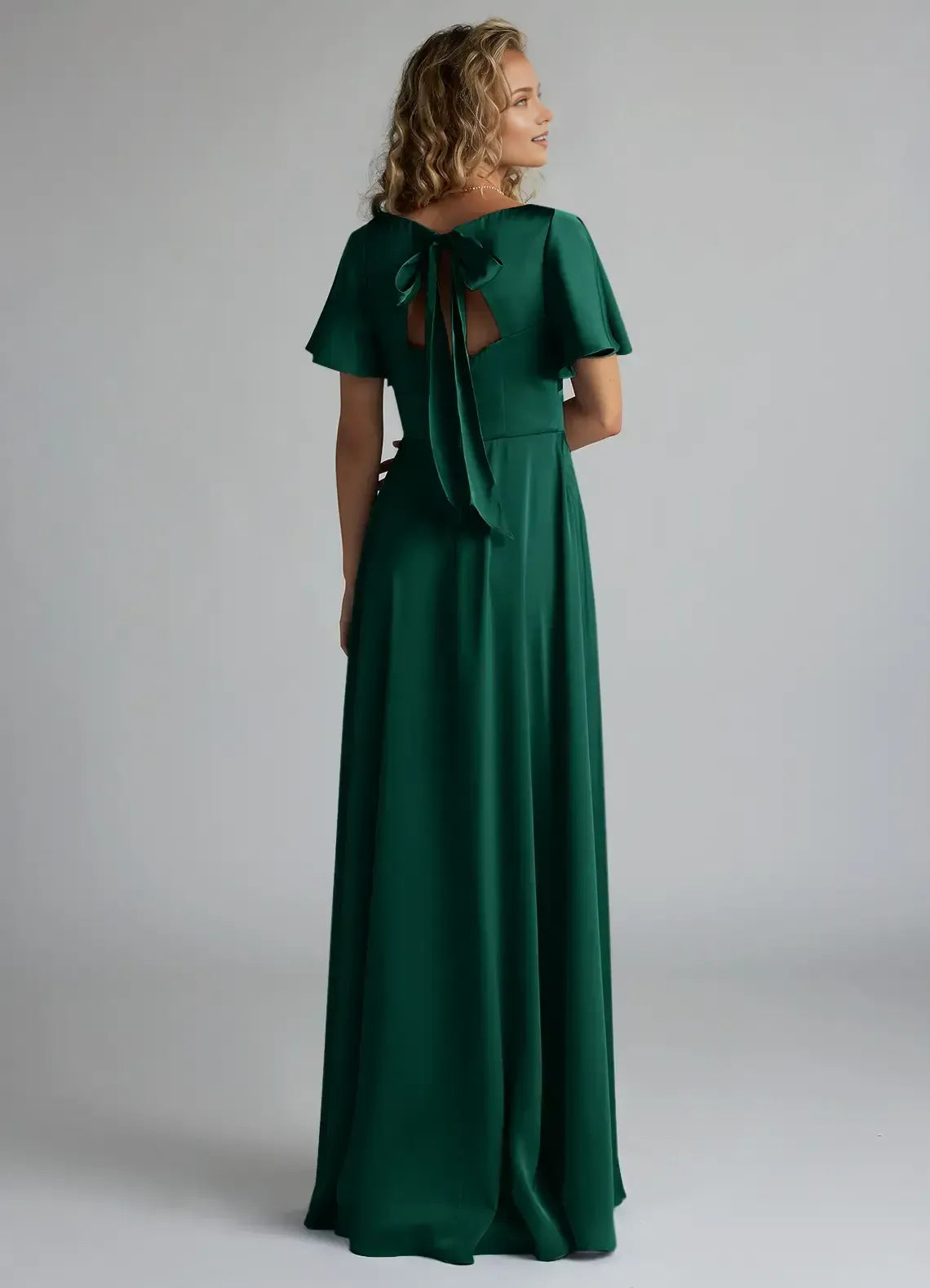 Elegant Emerald Green A-Line V-Neck Flutter-Sleeve Tie-Back Slit Maxi Bridesmaid Dress