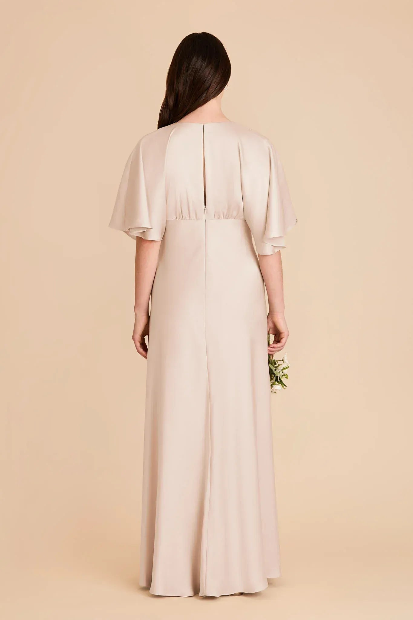 Elegant Empire Waist Deep V Neck Flutter Short Sleeve Keyhole Back Floor Length Wedding Bridesmaid Dress