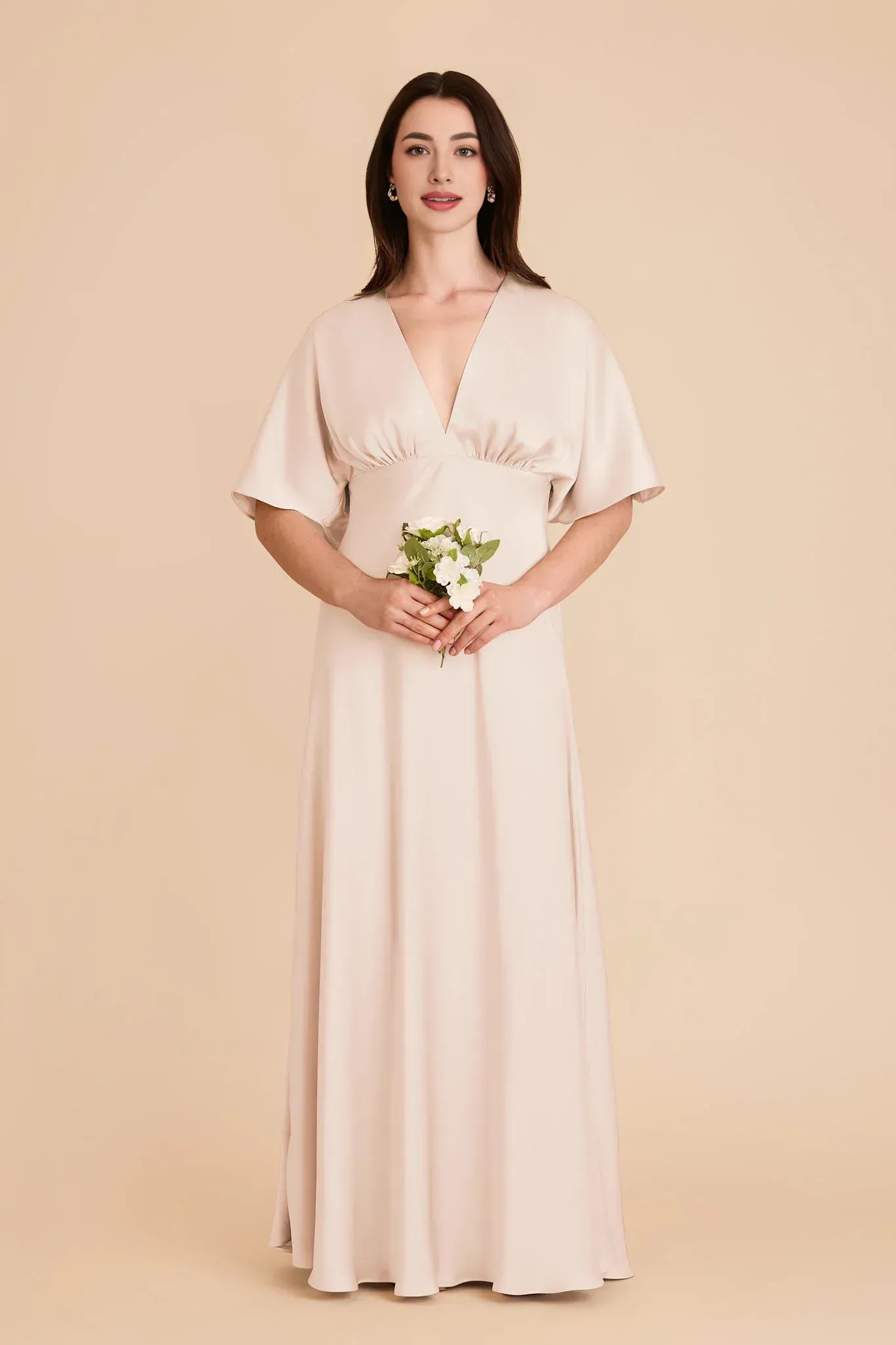 Elegant Empire Waist Deep V Neck Flutter Short Sleeve Keyhole Back Floor Length Wedding Bridesmaid Dress