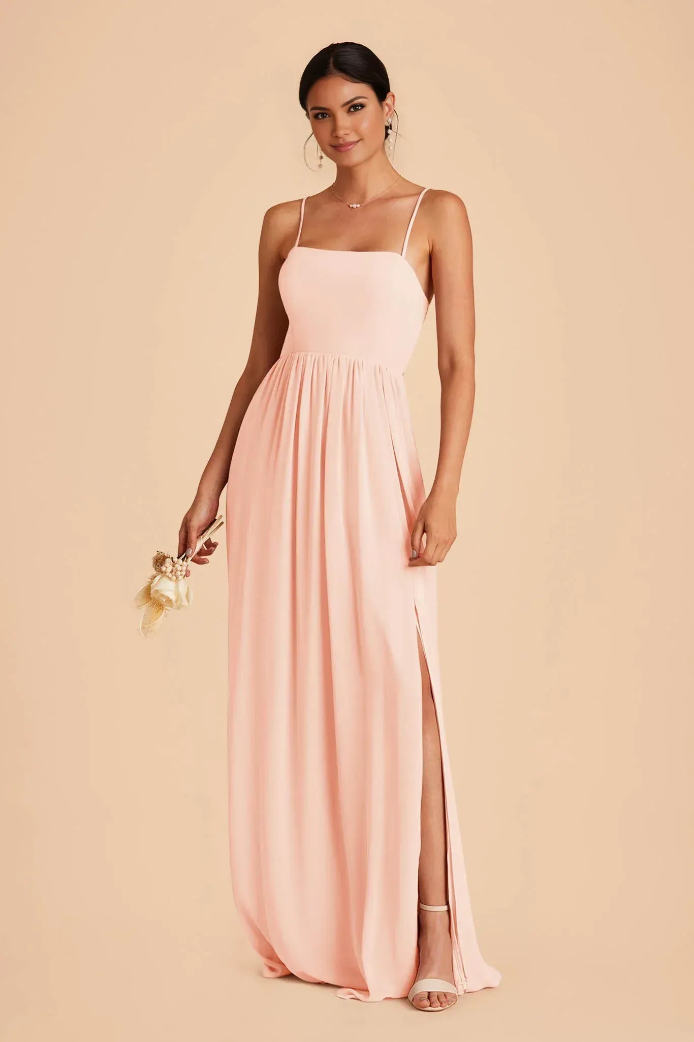 Elegant Empire Waist Square Neck Spaghetti Strap Plain Back Floor Length Wedding Bridesmaid Dress
