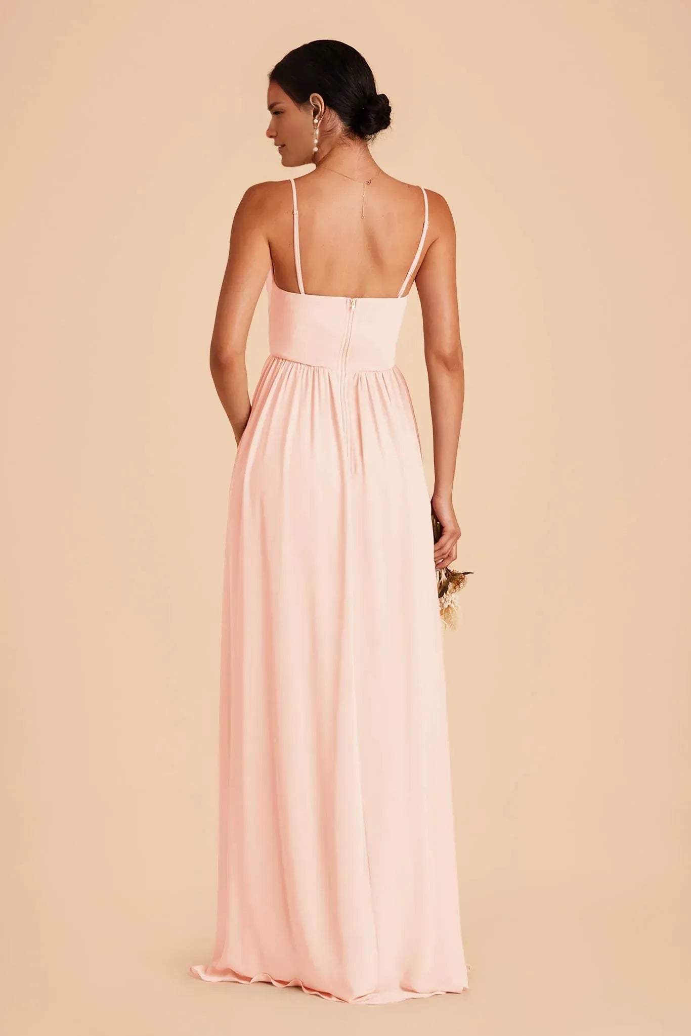 Elegant Empire Waist Square Neck Spaghetti Strap Plain Back Floor Length Wedding Bridesmaid Dress