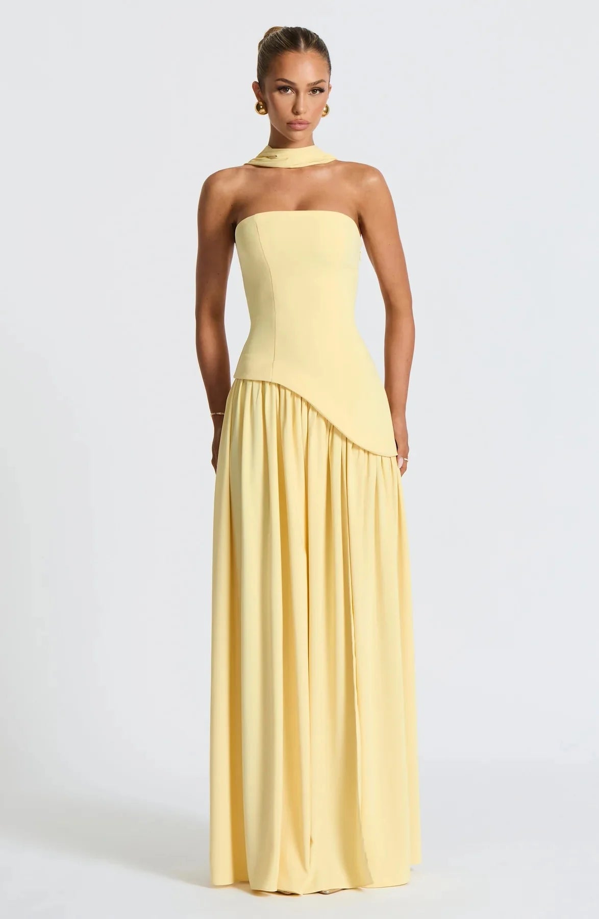 Elegant Floor-Length Strapless Scarf-Draped High-Slit Wedding Guest Dress