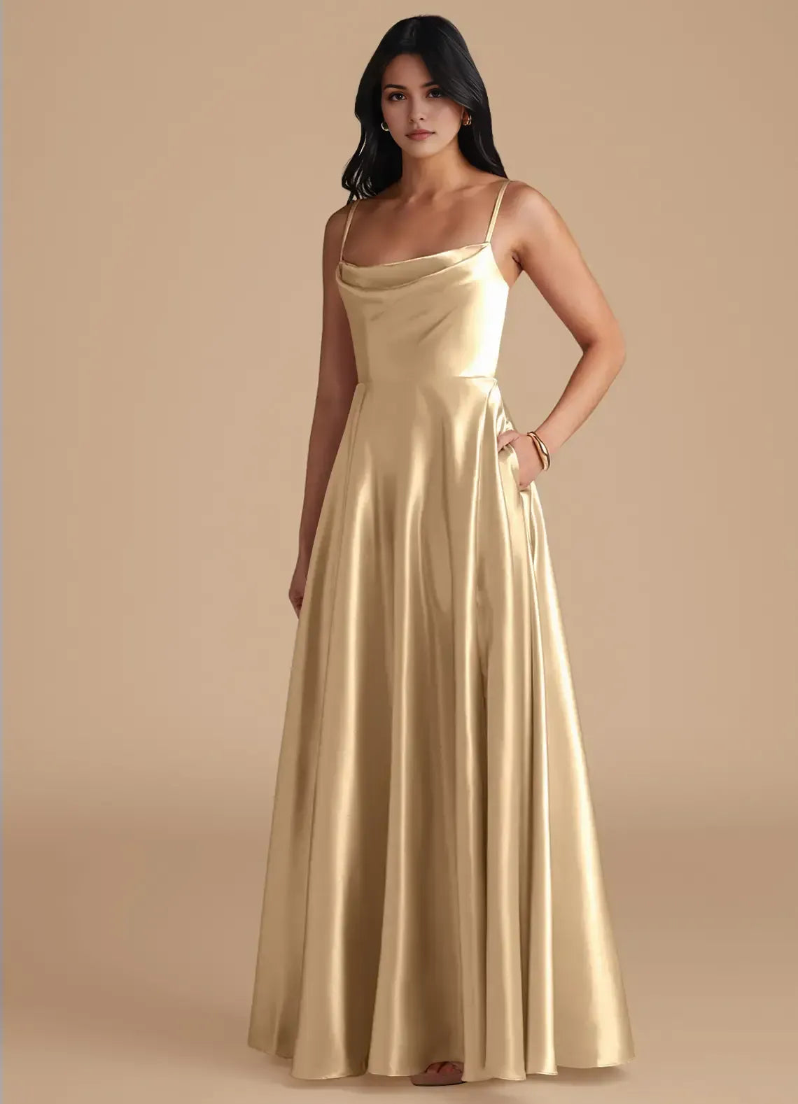 Elegant Gold A-Line Cowl Neck Spaghetti Strap Low-Back Maxi Bridesmaid Dress