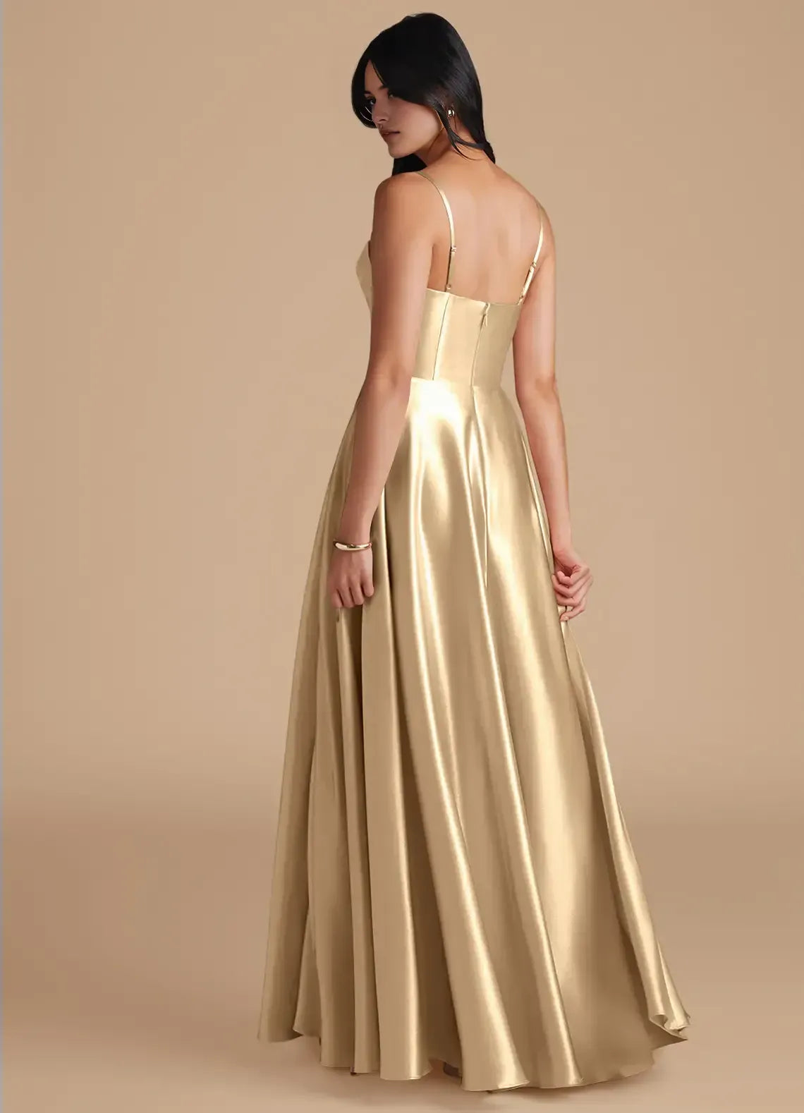 Elegant Gold A-Line Cowl Neck Spaghetti Strap Low-Back Maxi Bridesmaid Dress