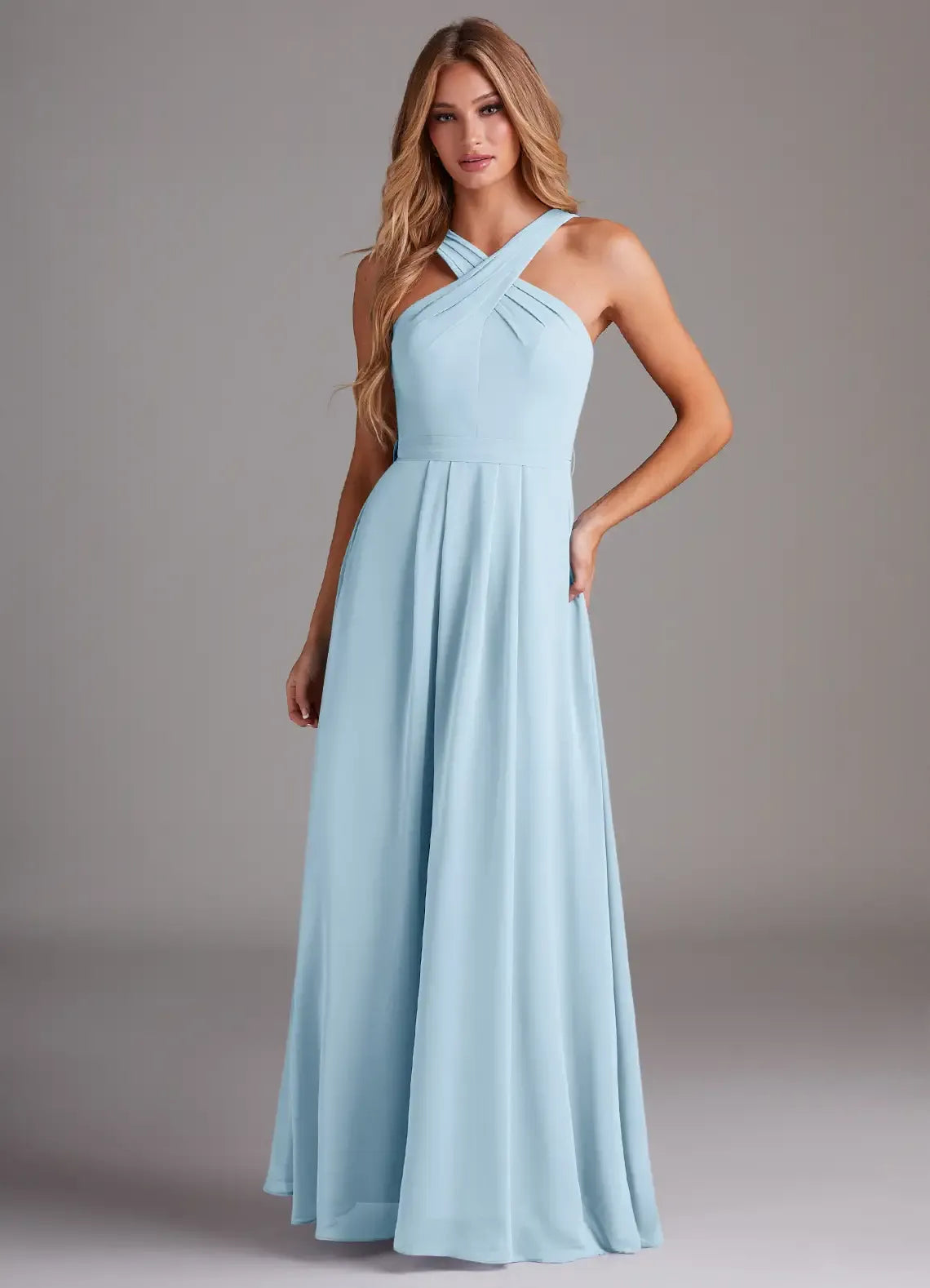 Elegant Light Blue A-Line Halter-Neck Sleeveless Tie-Back Maxi Bridesmaid Dress