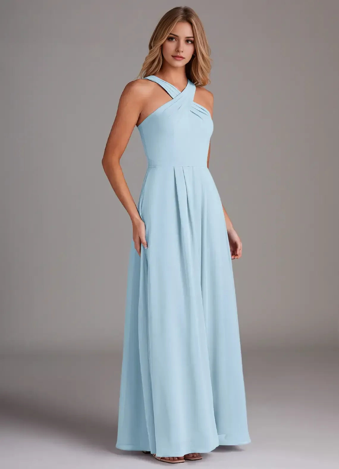 Elegant Light Blue A-Line Halter-Neck Sleeveless Tie-Back Maxi Bridesmaid Dress
