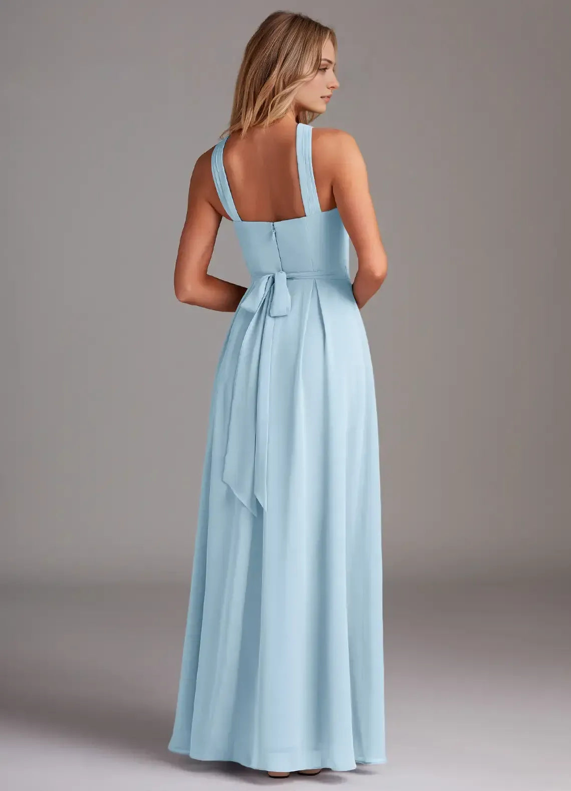 Elegant Light Blue A-Line Halter-Neck Sleeveless Tie-Back Maxi Bridesmaid Dress
