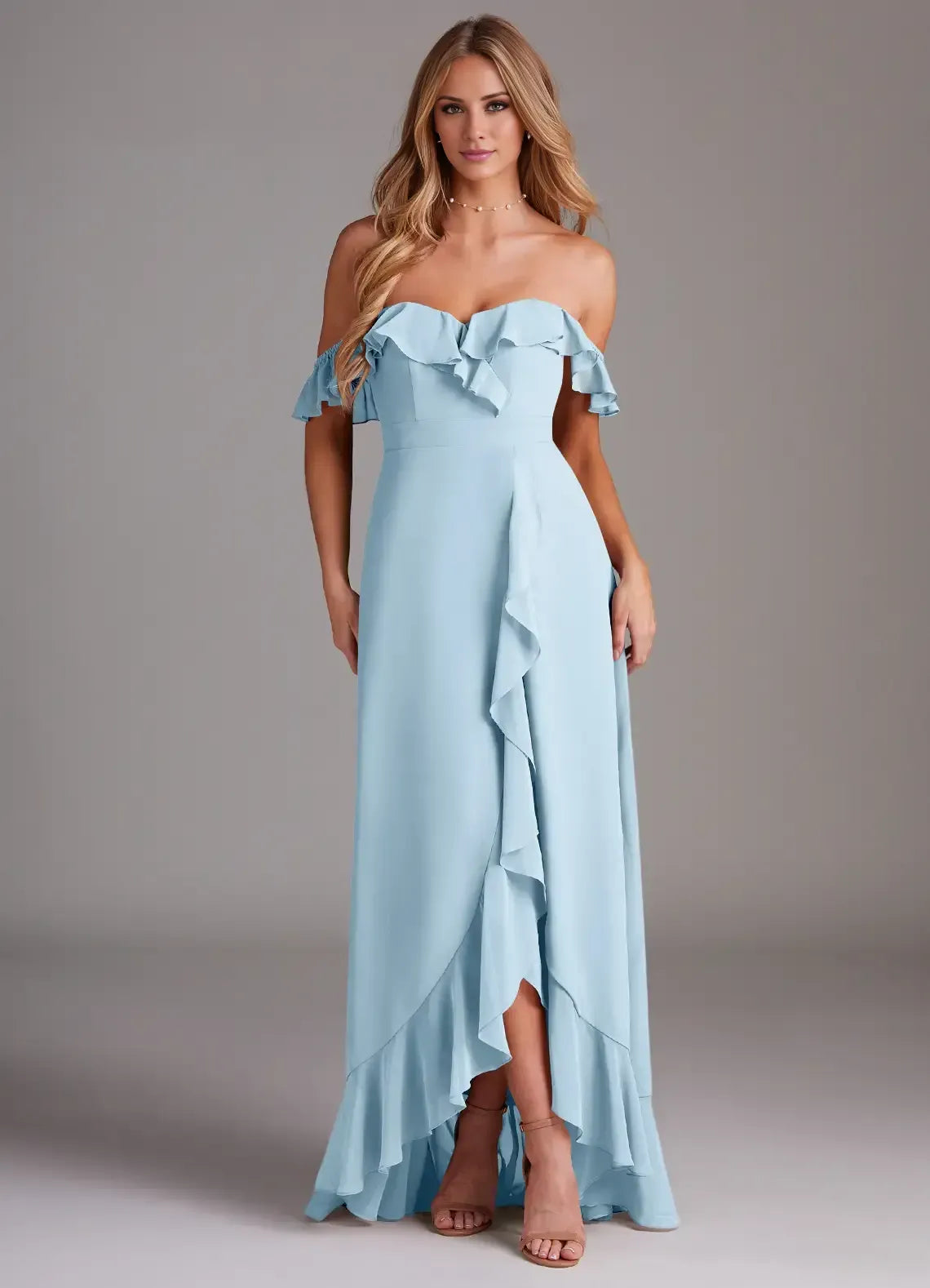 Elegant Light Blue A-Line Off-The-Shoulder Ruffle-Sleeve Open-Back High-Low Bridesmaid Dress