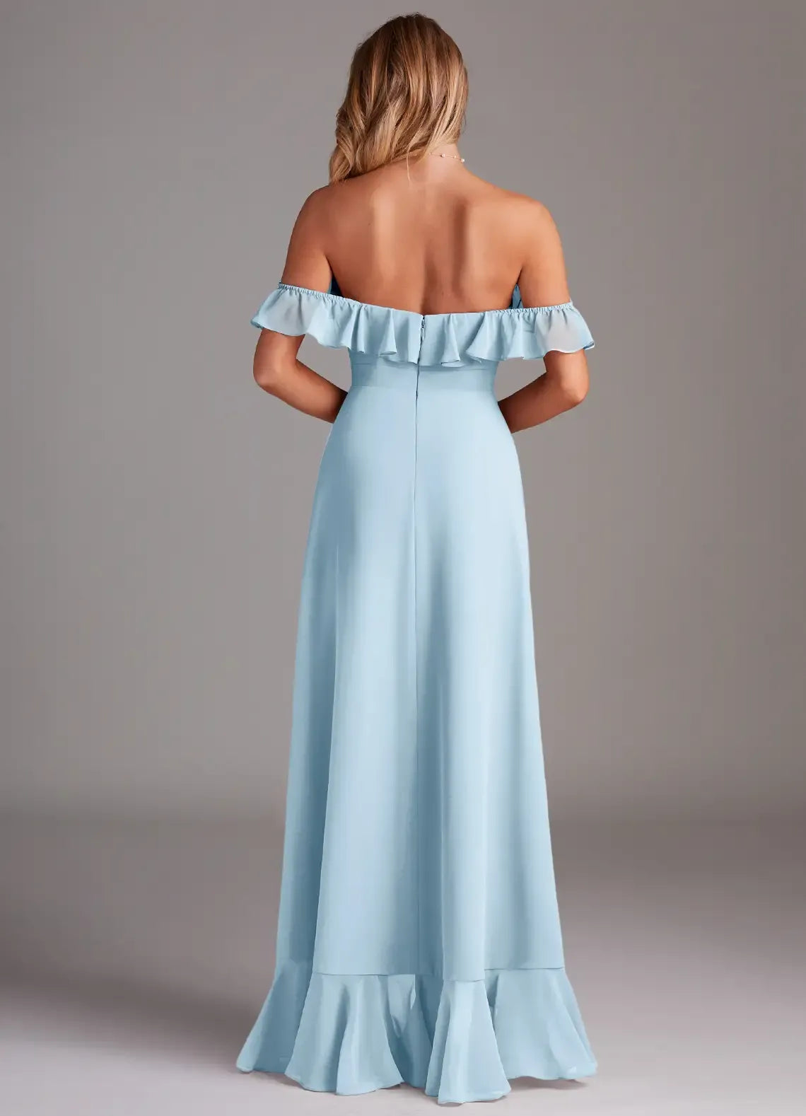 Elegant Light Blue A-Line Off-The-Shoulder Ruffle-Sleeve Open-Back High-Low Bridesmaid Dress
