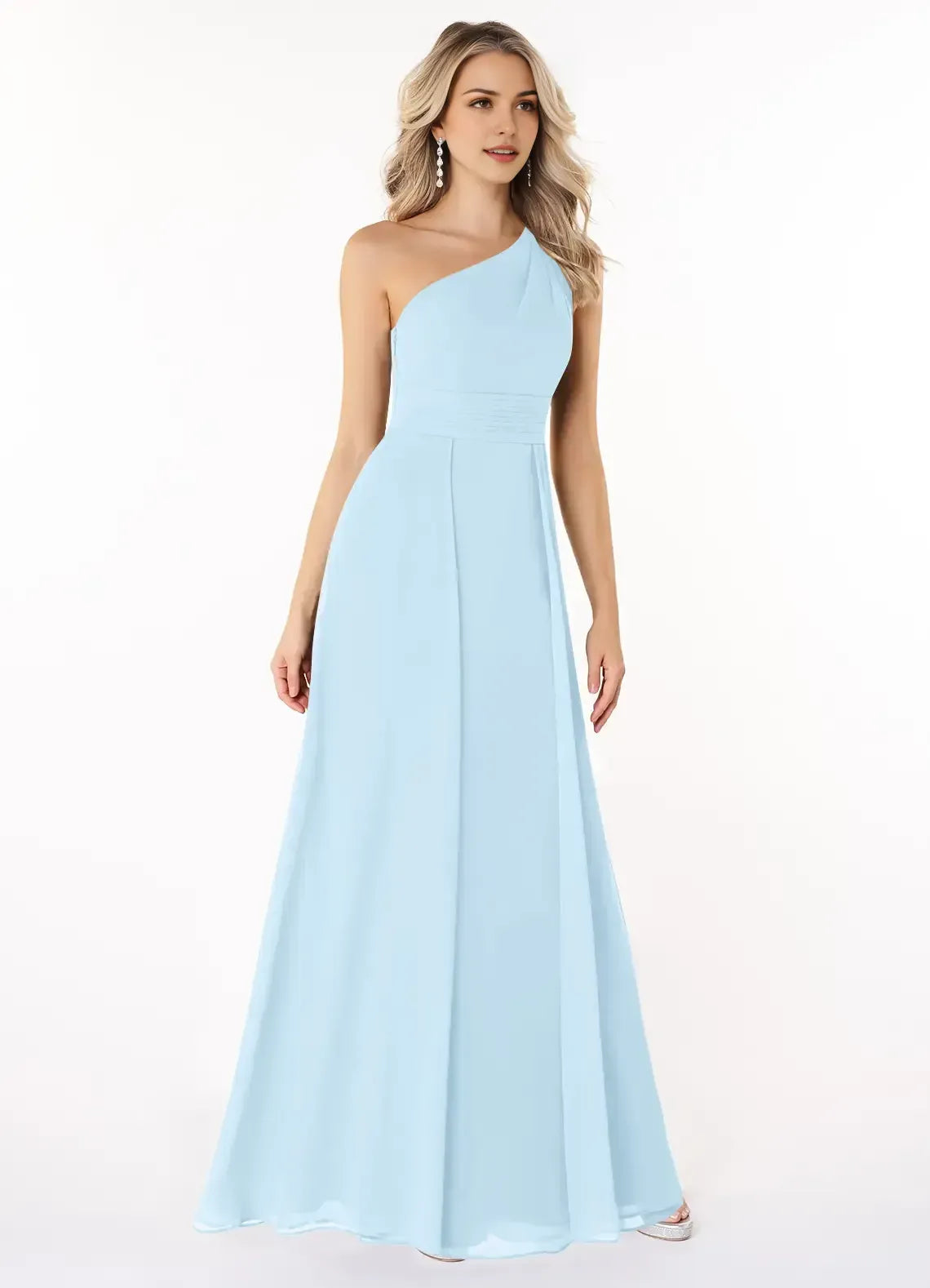Elegant Light Blue A-Line One-Shoulder Sleeveless Open-Back Maxi Bridesmaid Dress