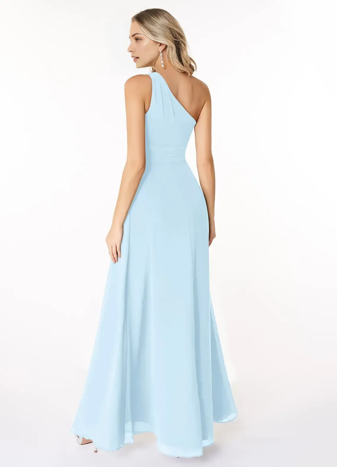 Elegant Light Blue A-Line One-Shoulder Sleeveless Open-Back Maxi Bridesmaid Dress
