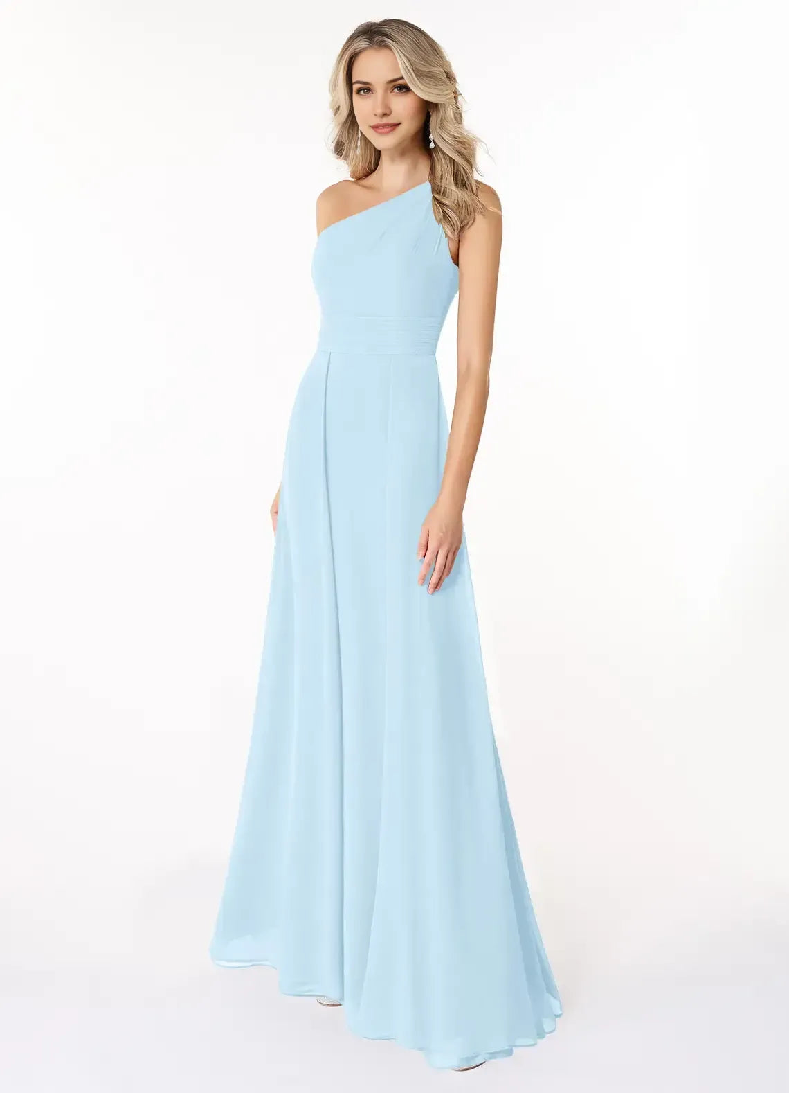 Elegant Light Blue A-Line One-Shoulder Sleeveless Open-Back Maxi Bridesmaid Dress