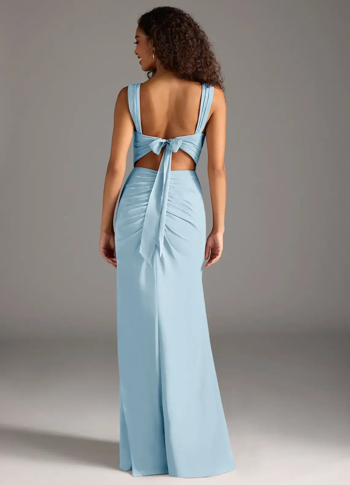 Elegant Light Blue Mermaid Square Neck Sleeveless Tie-Back Slit Maxi Bridesmaid Dress