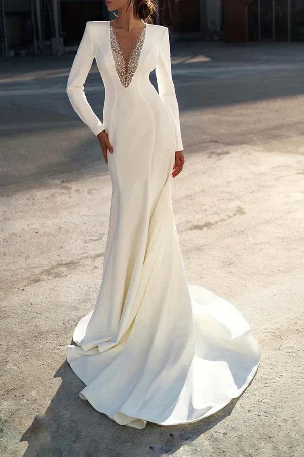 Elegant Long-Sleeve Plunging V-Neck Satin Mermaid Floor-Length Wedding Dress