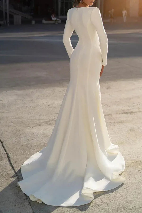 Elegant Long-Sleeve Plunging V-Neck Satin Mermaid Floor-Length Wedding Dress
