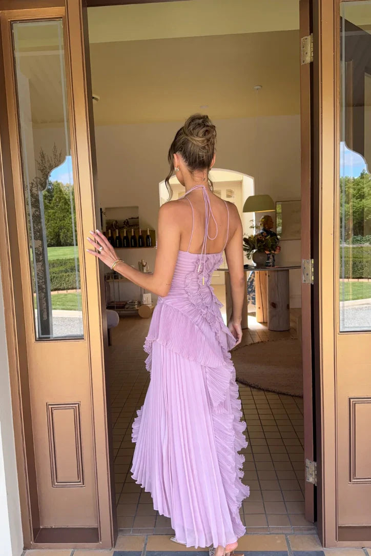 Elegant Maxi Halter-Neck Pleated Ruffled Asymmetrical Wedding Guest Dress