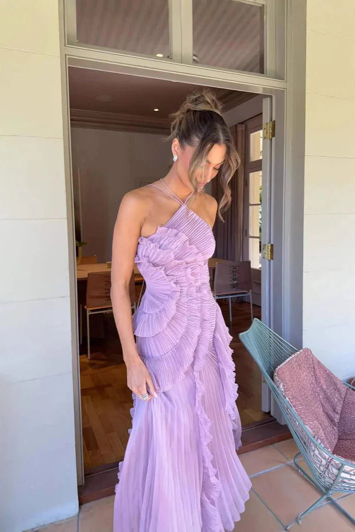 Elegant Maxi Halter-Neck Pleated Ruffled Asymmetrical Wedding Guest Dress