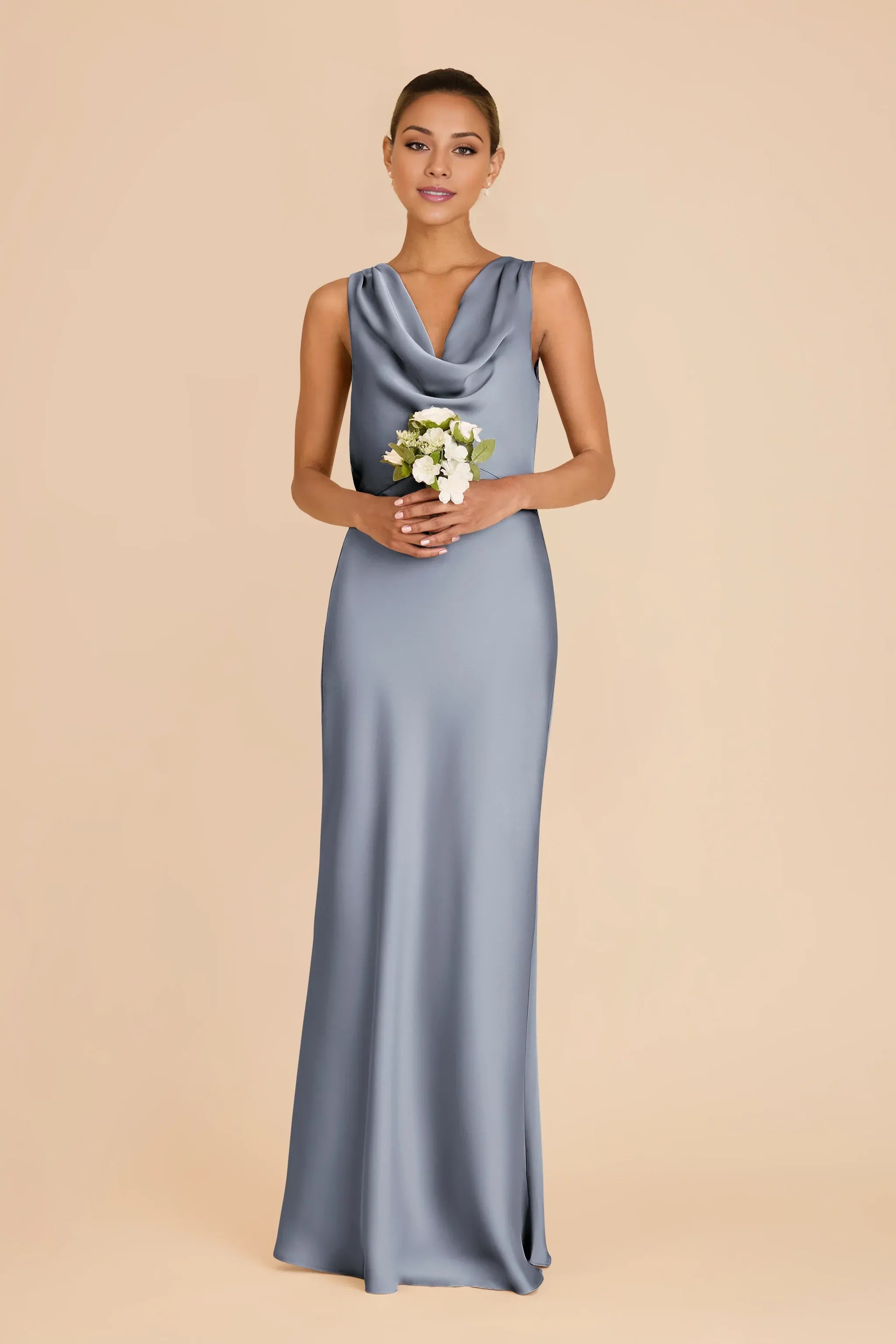 Elegant Mermaid Cowl Neck Sleeveless Cowl Tie Back Floor Length Wedding Bridesmaid Dress