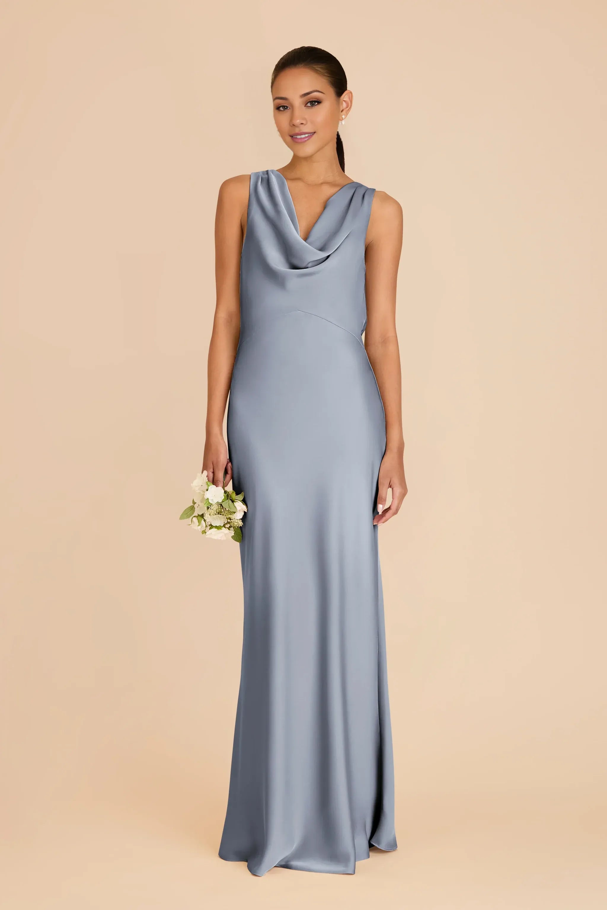 Elegant Mermaid Cowl Neck Sleeveless Cowl Tie Back Floor Length Wedding Bridesmaid Dress