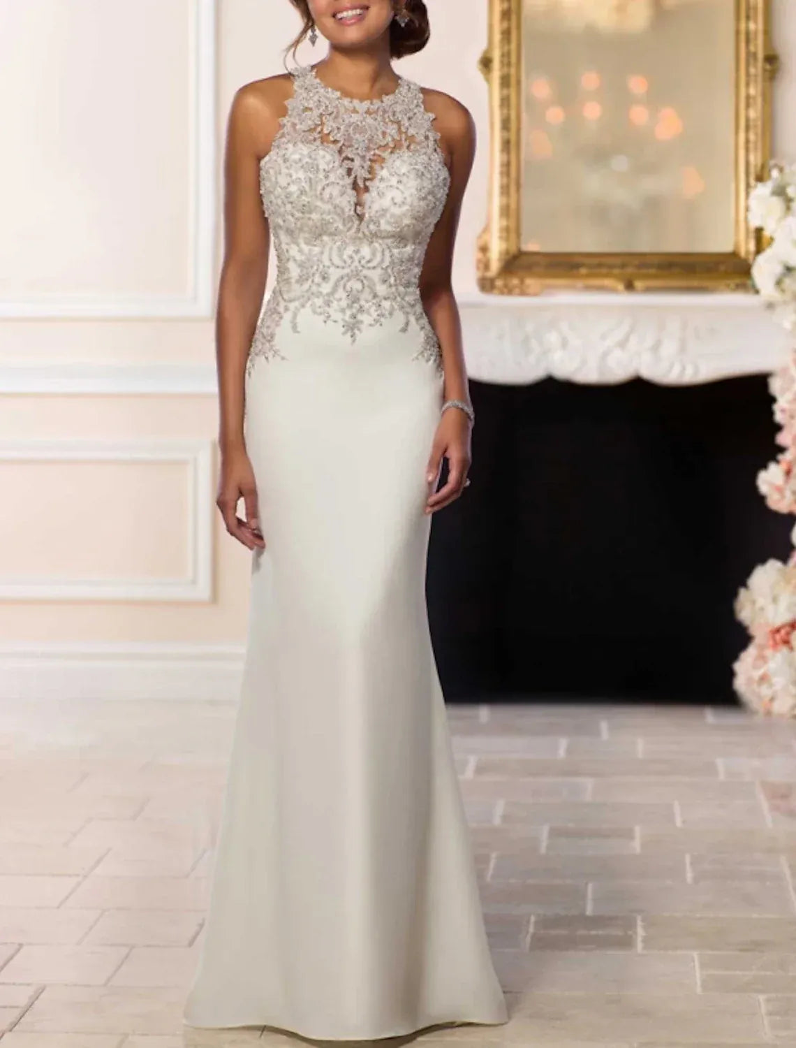 Elegant Mermaid Halter‑Neck Lace‑Appliqué Keyhole‑Back Floor‑Length Wedding Dresses For Traditional Indoor Wedding