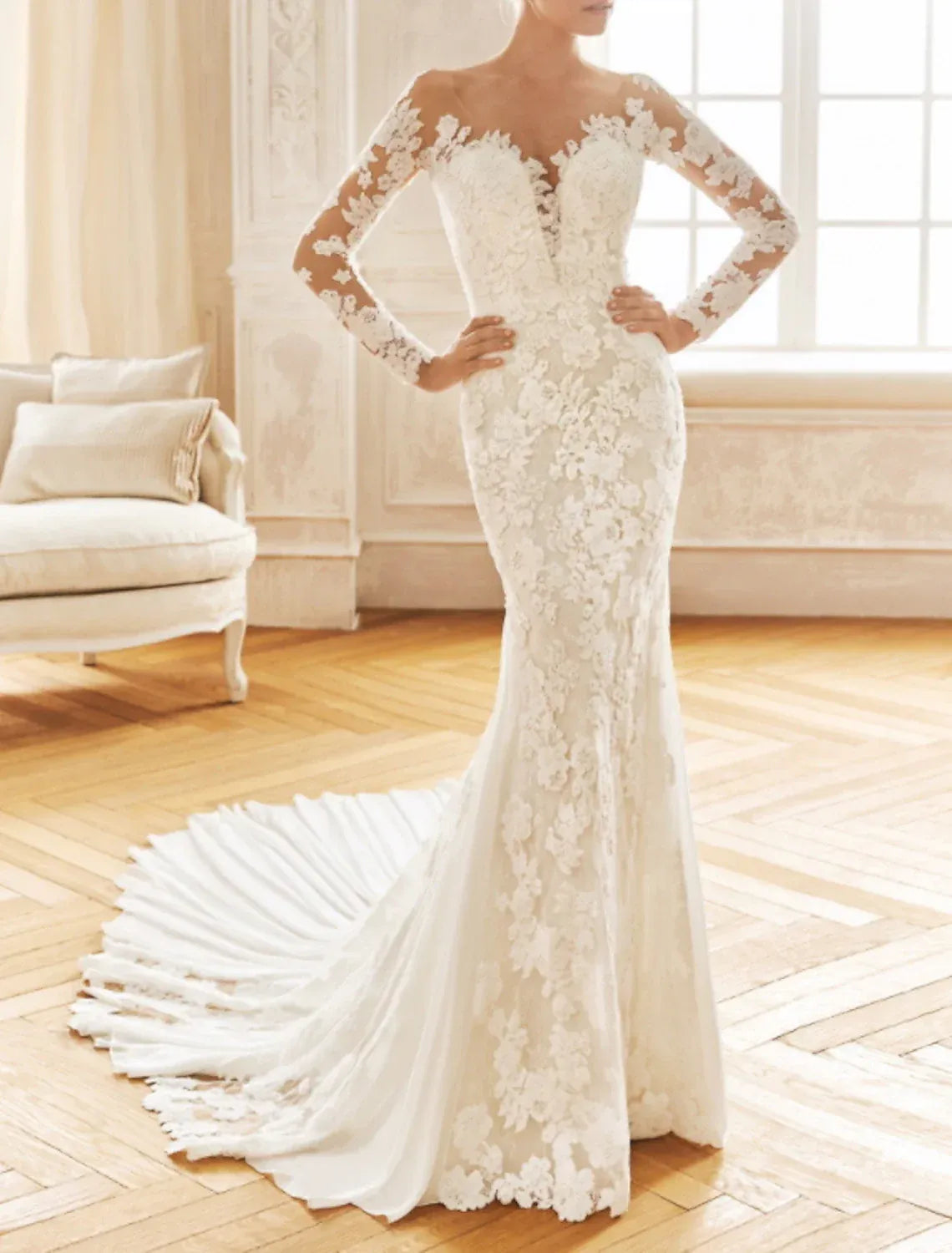 Elegant Mermaid Illusion V Long Lace Sleeve Pearl Button Back Chapel Train Wedding Dress