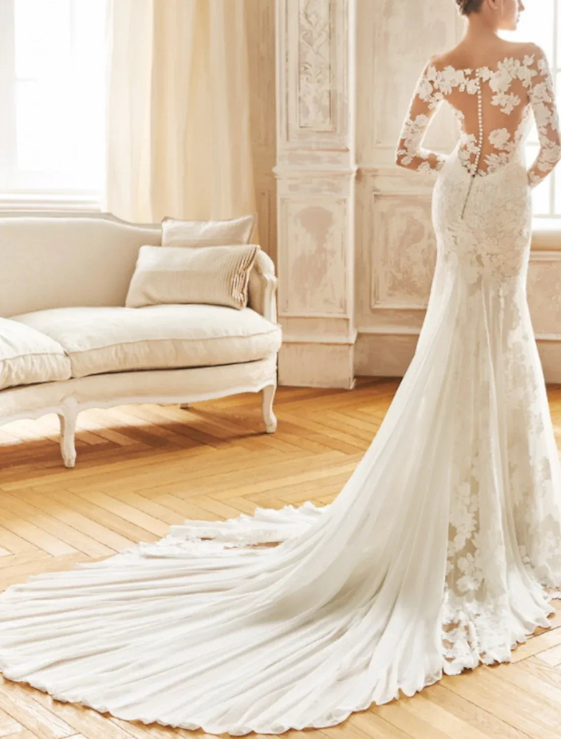 Elegant Mermaid Illusion V Long Lace Sleeve Pearl Button Back Chapel Train Wedding Dress