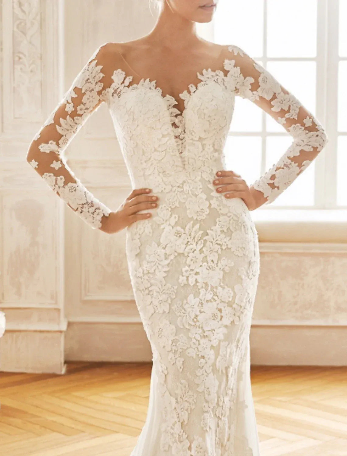 Elegant Mermaid Illusion V Long Lace Sleeve Pearl Button Back Chapel Train Wedding Dress