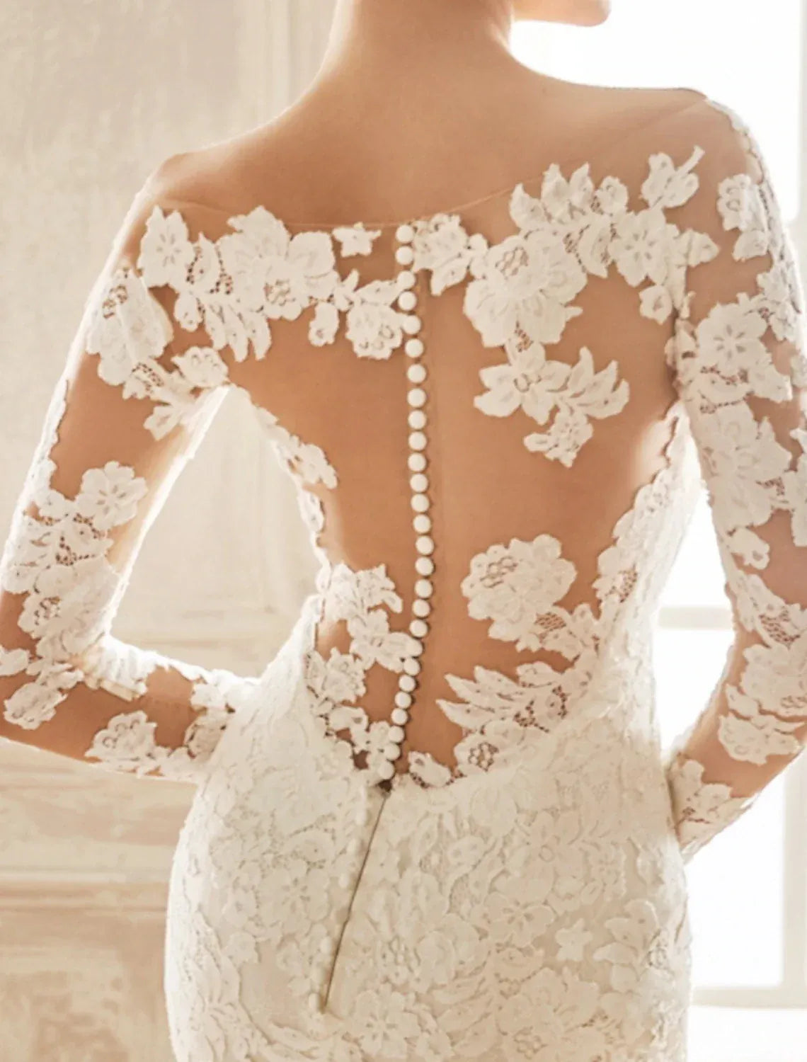 Elegant Mermaid Illusion V Long Lace Sleeve Pearl Button Back Chapel Train Wedding Dress