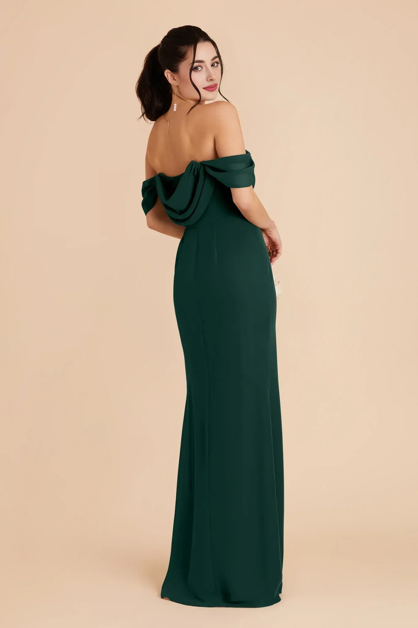Elegant Mermaid Off Shoulder Short Sleeve Draped Back Floor Length Wedding Bridesmaid Dress