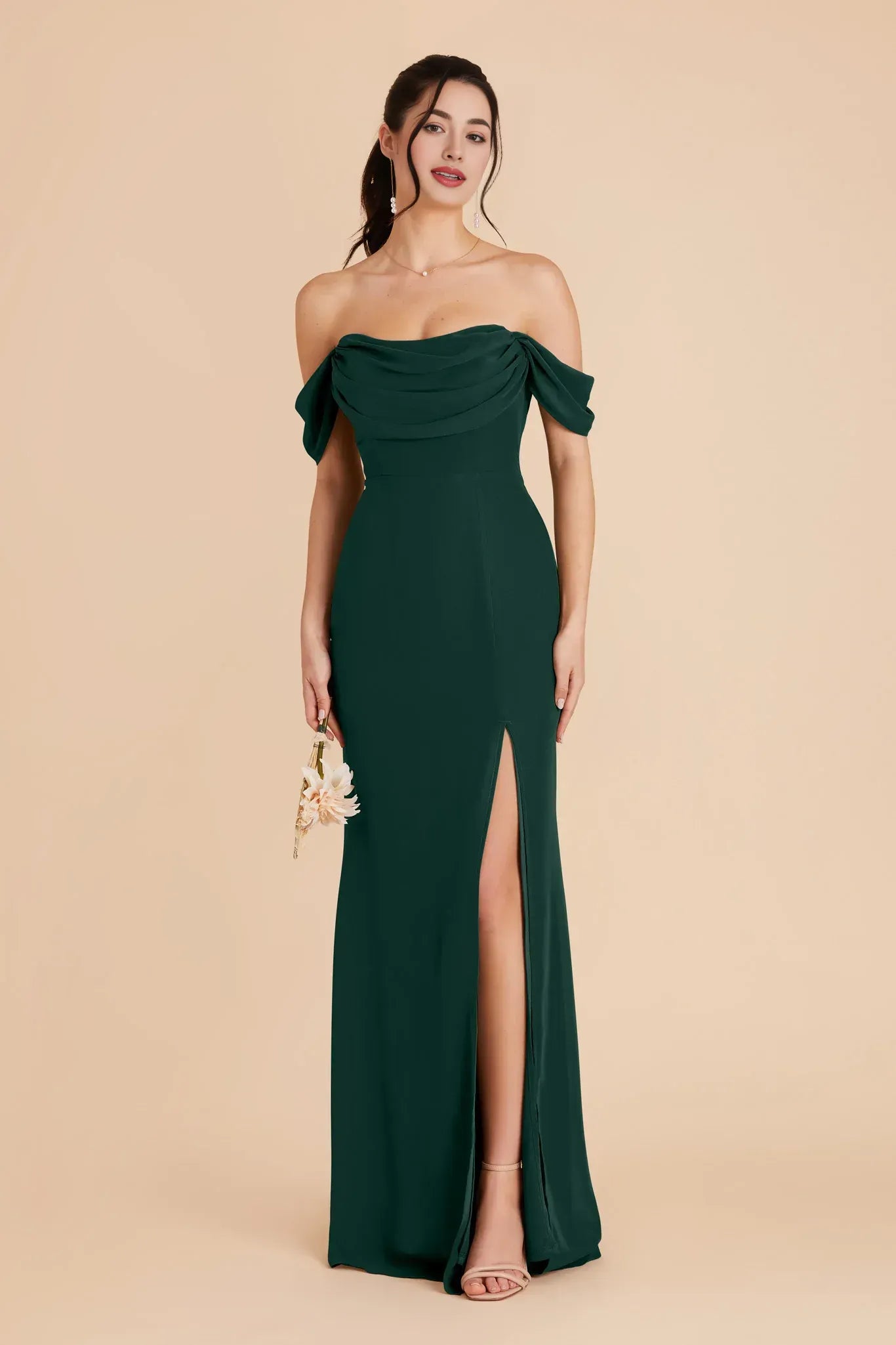 Elegant Mermaid Off Shoulder Short Sleeve Draped Back Floor Length Wedding Bridesmaid Dress