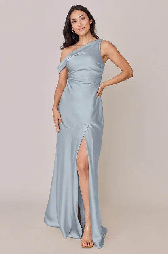 Elegant Mermaid One-Shoulder Sleeveless Draped Back Slit Floor-Length Bridesmaid Dress
