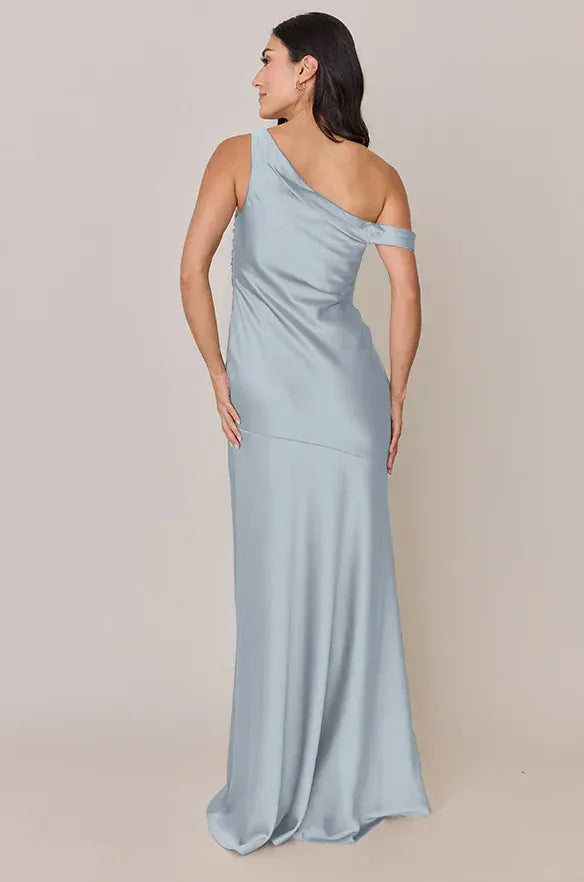 Elegant Mermaid One-Shoulder Sleeveless Draped Back Slit Floor-Length Bridesmaid Dress