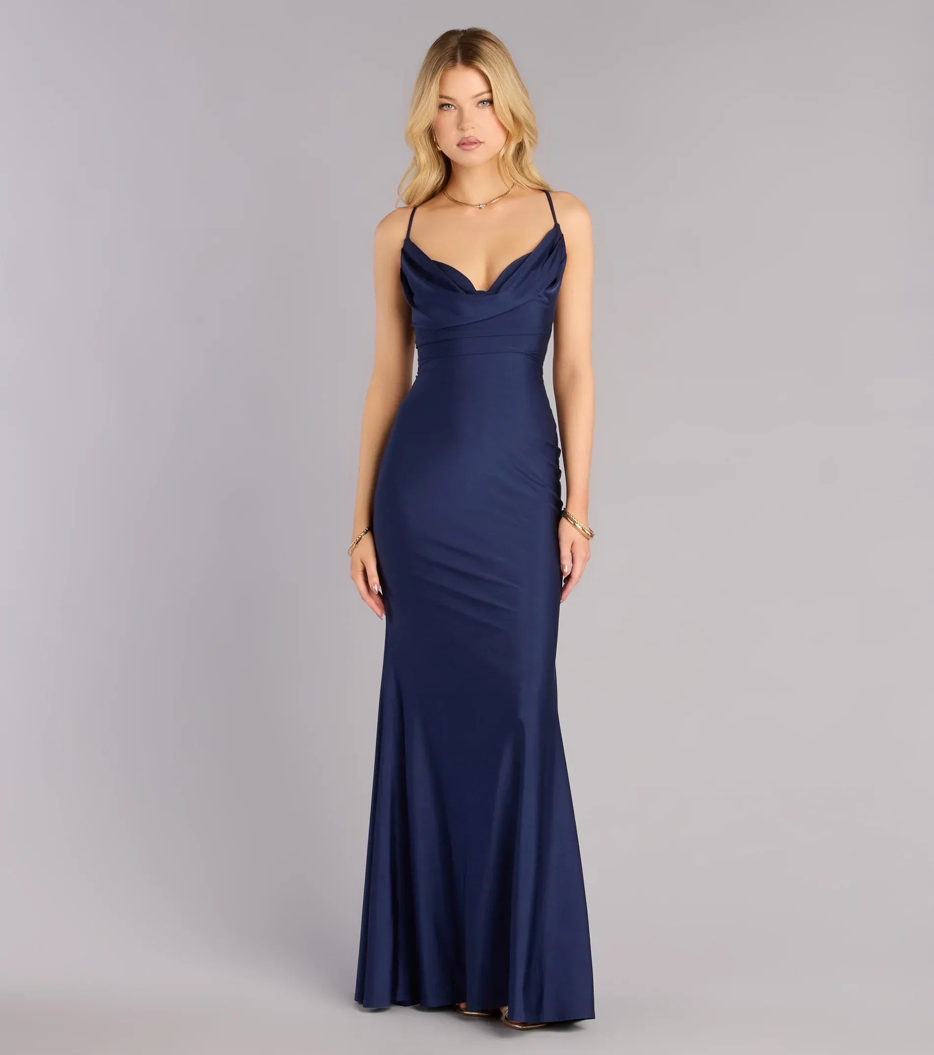 Elegant Mermaid Spaghetti-strap Cowl Lace-up Back Navy Satin Maxi Formal Dresses