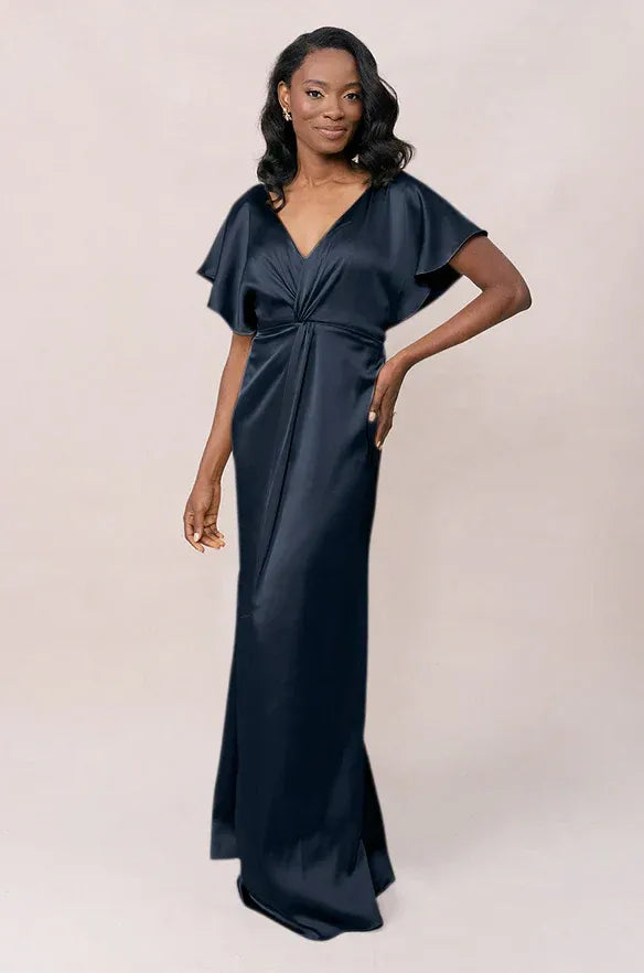 Elegant Mermaid V-Neck Flutter Sleeve Low Back Floor-Length Bridesmaid Dress