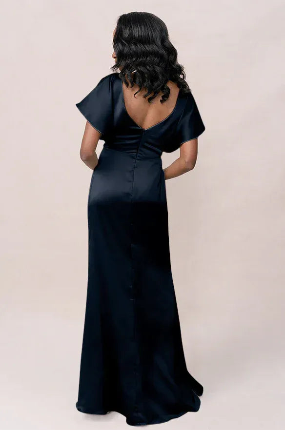 Elegant Mermaid V-Neck Flutter Sleeve Low Back Floor-Length Bridesmaid Dress