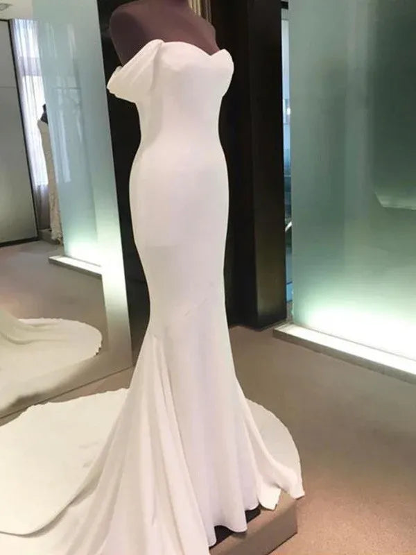 Elegant Off-The-Shoulder Fold Trim Matte Crepe Mermaid Wedding Dress With Wide Circular Court Train
